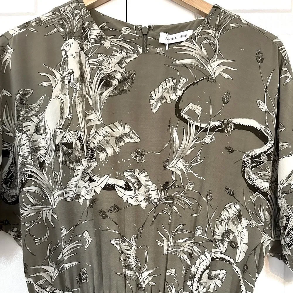Anine Bing Kaine Dress Tropical Print Olive Smocked Size L • NEW WITH TAGS • - Picture 7 of 12